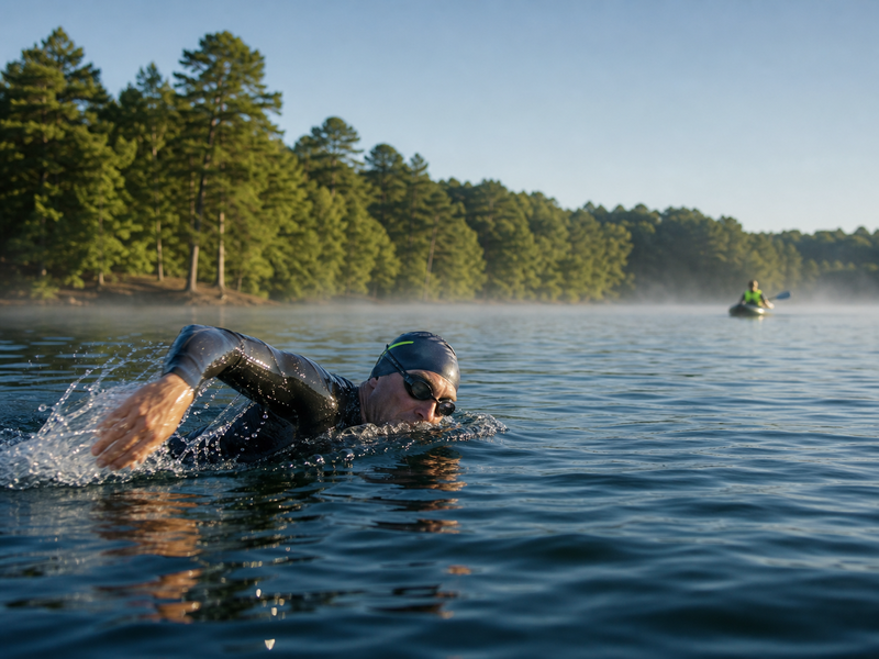 Triathlete swimming across a wooded Piedmont lake with a safety kayak in the distance